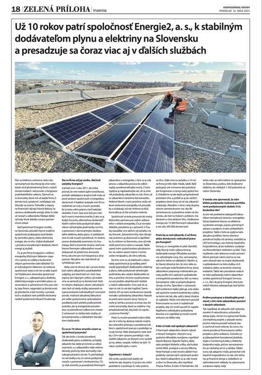 Energie 2 ako stabilný dodávateľ elektriny a plynu už 10 rokov | článok od Energie 2 v Hospodárskych novinách