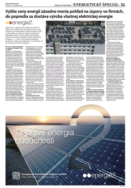 Vyššie ceny energií vo firmách a výroba vlastnej elektriny | článok od Energie 2 v Hospodárskych novinách